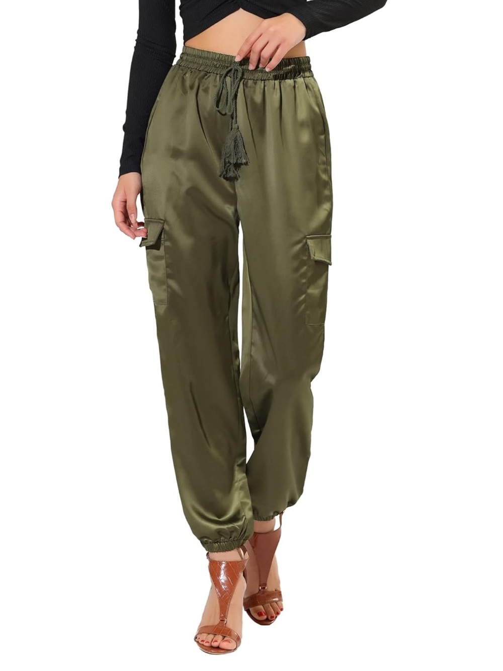 Women's Pants Army Green Satin Cargo Joggers Drawstring Waist Size: Small/27